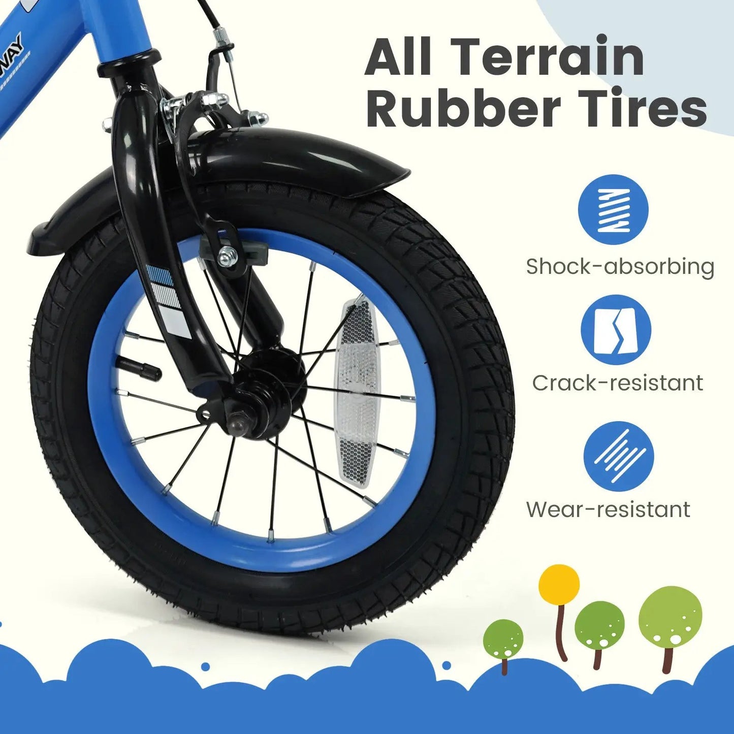 Kids Bike 12/14/16/18 front wheel close-up with blue rim and black tire on Tampa Home & Garden Store