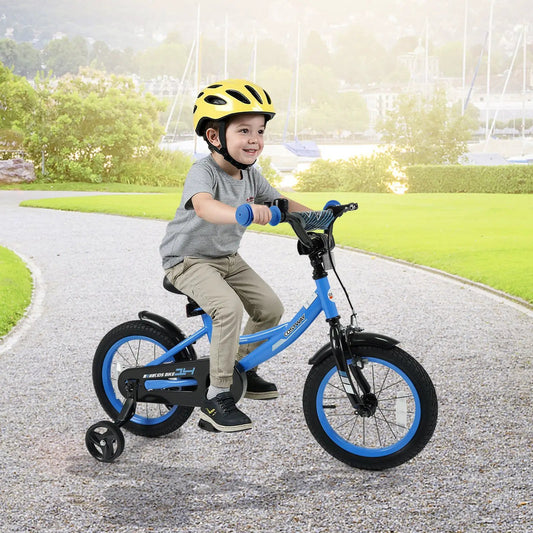 Costway kids bike 12/14/16/18 blue frame with training wheels and yellow helmet on Tampa Home & Garden Store