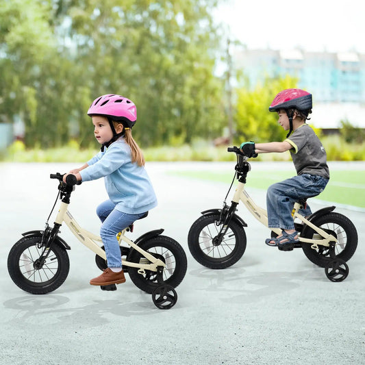 14 Inch Kids Bike with Removable Training Wheels; tan frame, kids with pink/red helmets on Tampa Home & Garden Store