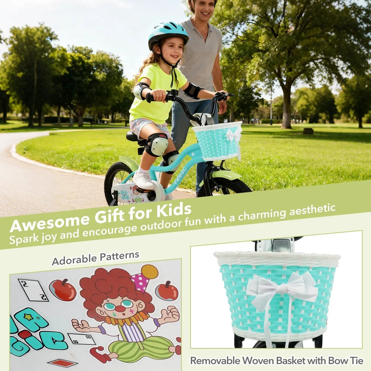 Kids bike with training wheels; green frame, turquoise basket, girl in helmet riding in a park on Tampa Home & Garden Store