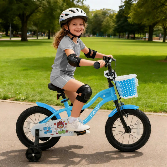 Kids bike with training wheels and front basket Navy color in park on Tampa Home & Garden Store