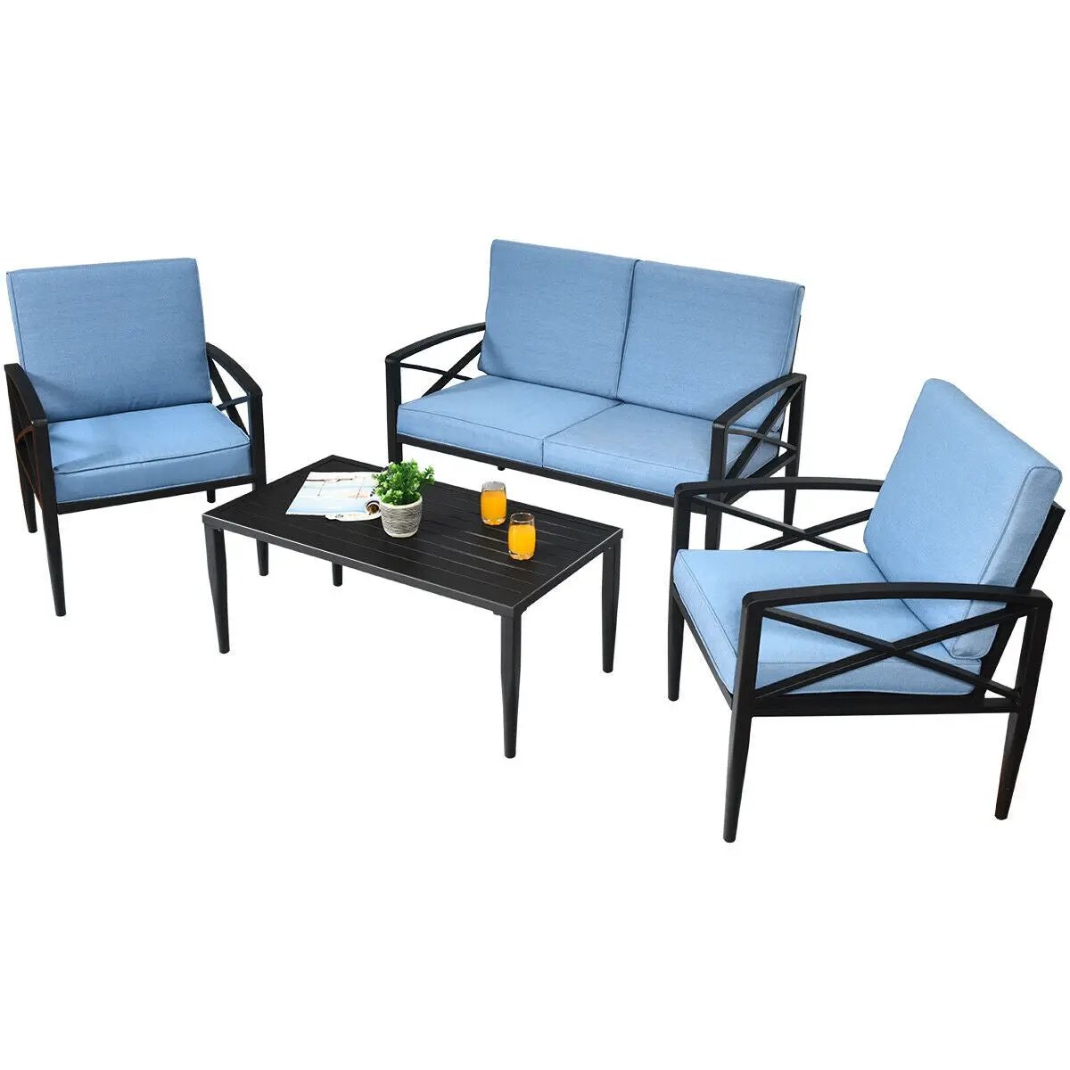 Patio furniture set aluminum frame blue cushions; 4pc loveseat, 2 chairs, coffee table on Tampa Home & Garden Store