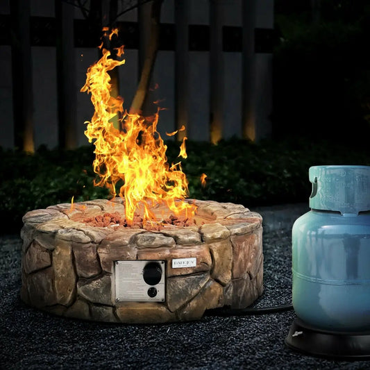 28 Inch Propane Gas Fire Pit Outdoor 40 000 BTU Stone-Brown - Tampa Home & Garden Store