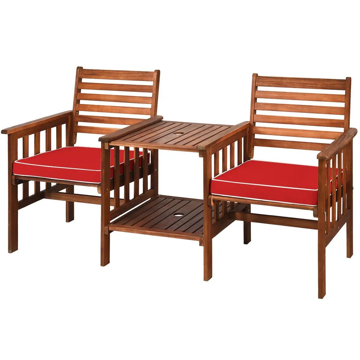 3 pcs Outdoor Patio Table Chairs Set Acacia Wood Loveseat-Red - Tampa Home & Garden Store