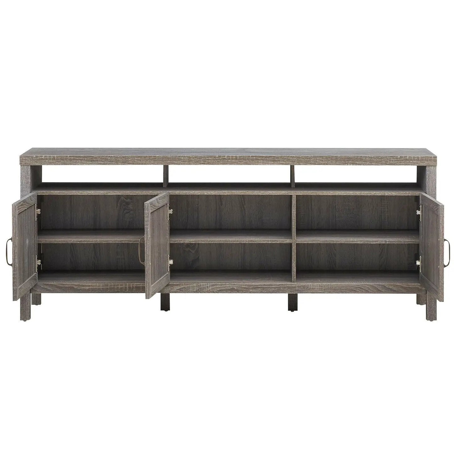 Universal TV Stand Center gray wood with cubbies and cabinet doors for 65 inch TVs DirectDeals on Tampa Home & Garden Store