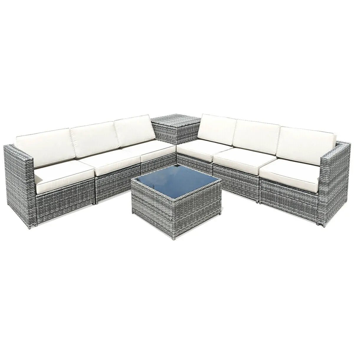 8-piece gray wicker rattan patio sofa and dining set with white cushions on Tampa Home & Garden Store