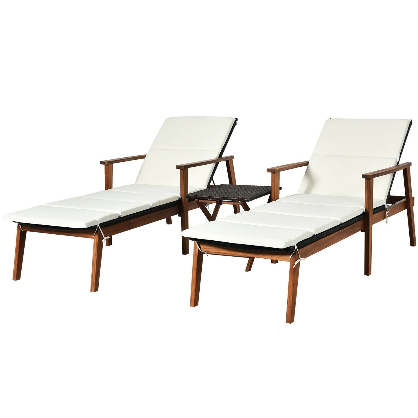 3 Pieces Portable Patio Cushioned Rattan Lounge Chair Set with Folding Table-Turquoise