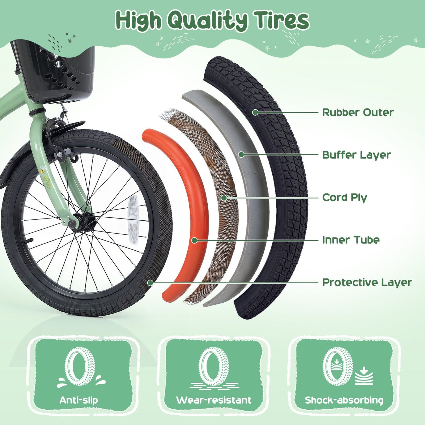 Girls 12-in DirectDeals kids bike with training wheels, green frame and basket, tire diagram on Tampa Home & Garden Store