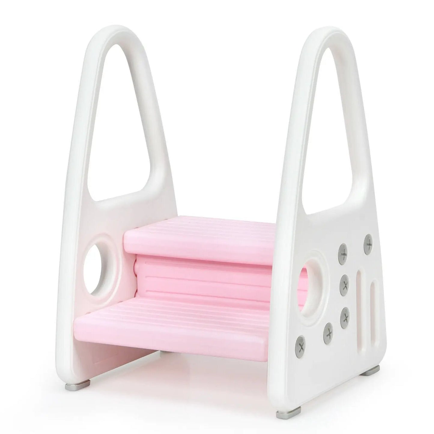 Kids step stool with pink ridged steps and white armrest frame DirectDeals on Tampa Home & Garden Store