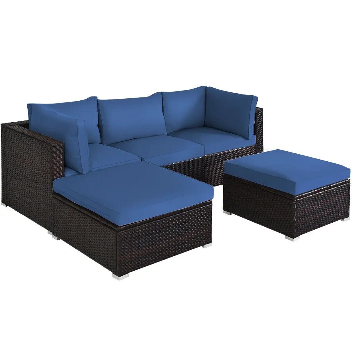 5-Piece patio sectional rattan furniture set with blue cushions and matching ottoman brown wicker DirectDeals on Tampa Home & Garden Store