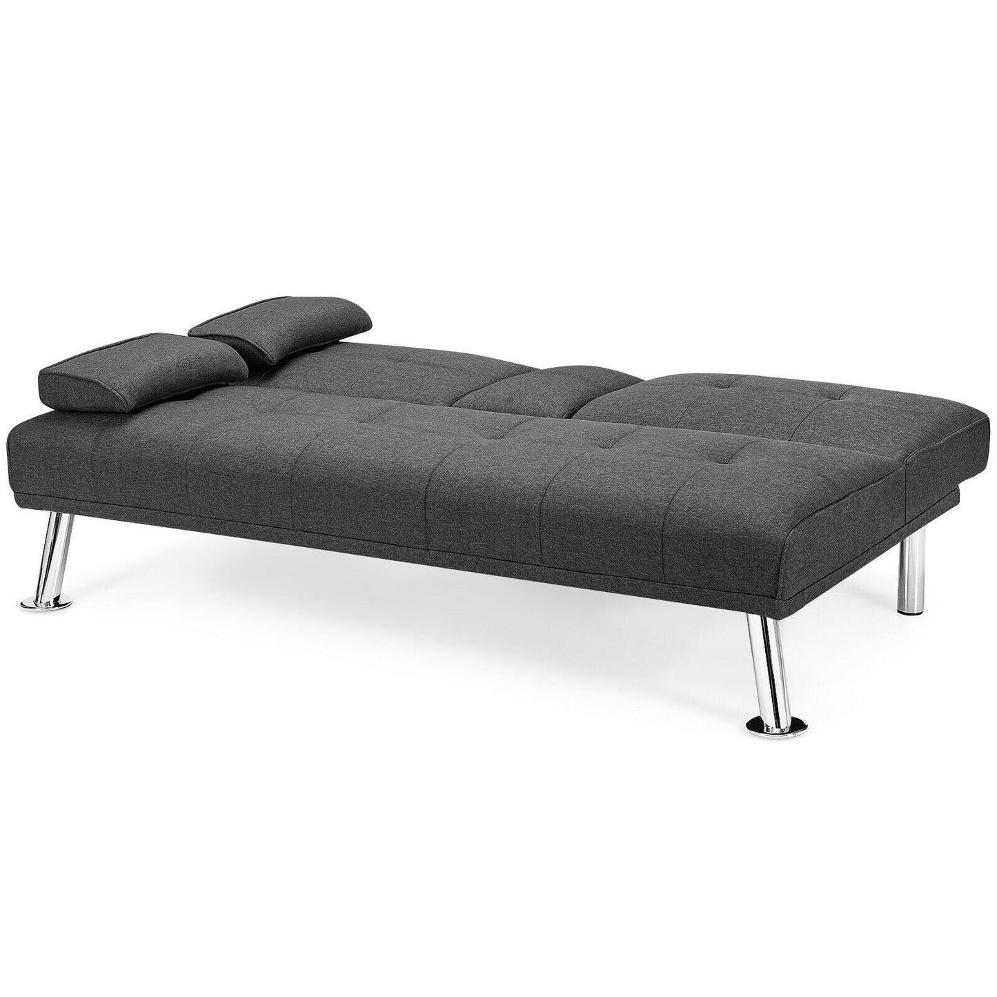 Convertible futon sofa bed with 2 cup holders, dark gray tufted fabric and chrome legs on Tampa Home & Garden Store