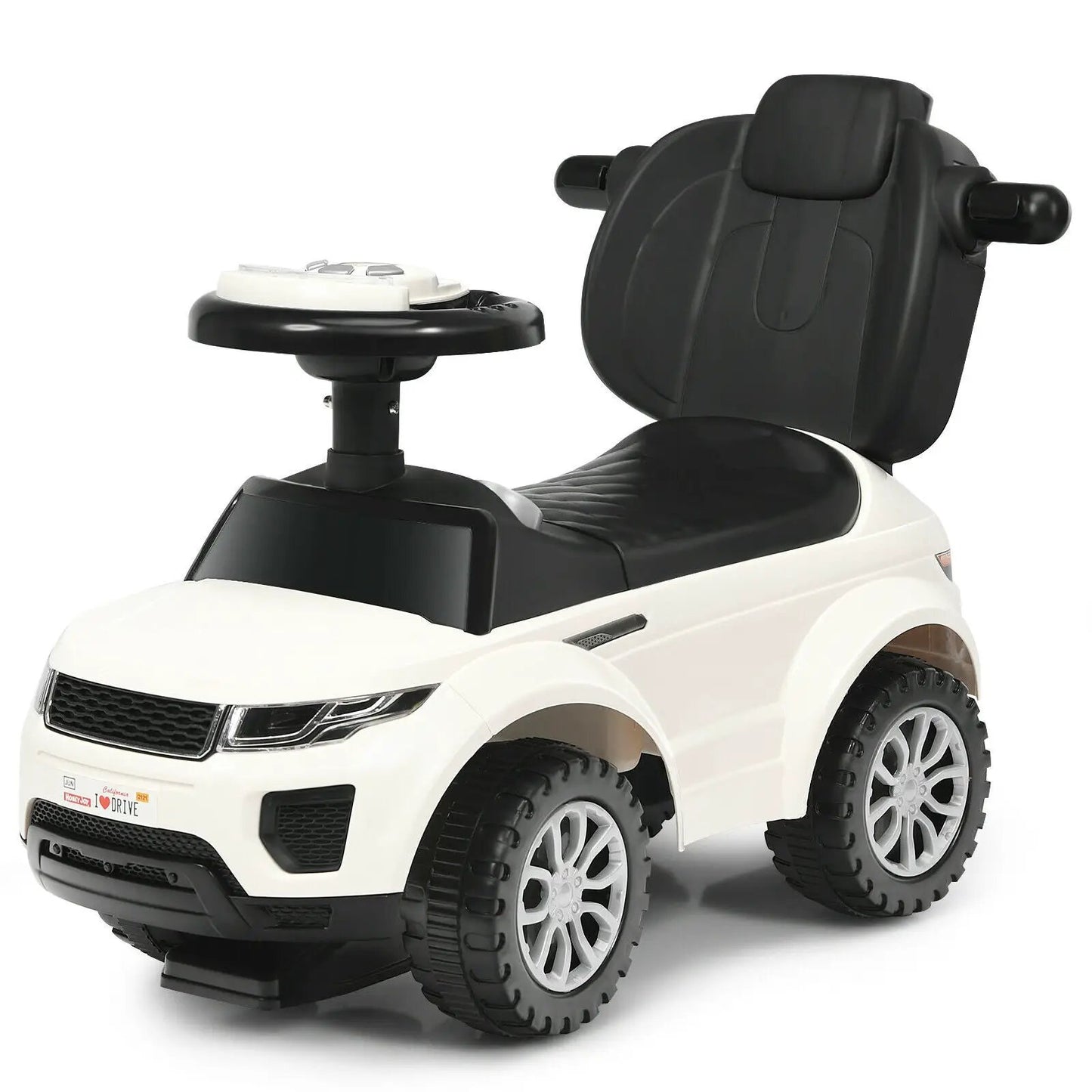 3 in 1 Ride On Push Car for Toddlers white body, black seat, large wheels on Tampa Home & Garden Store
