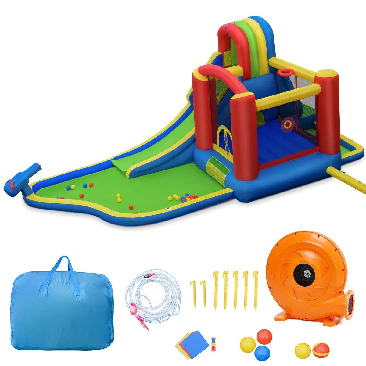 Inflatable Kid Bounce House Castle with Blower, rainbow arches and slide, blue/red pillars on Tampa Home & Garden Store