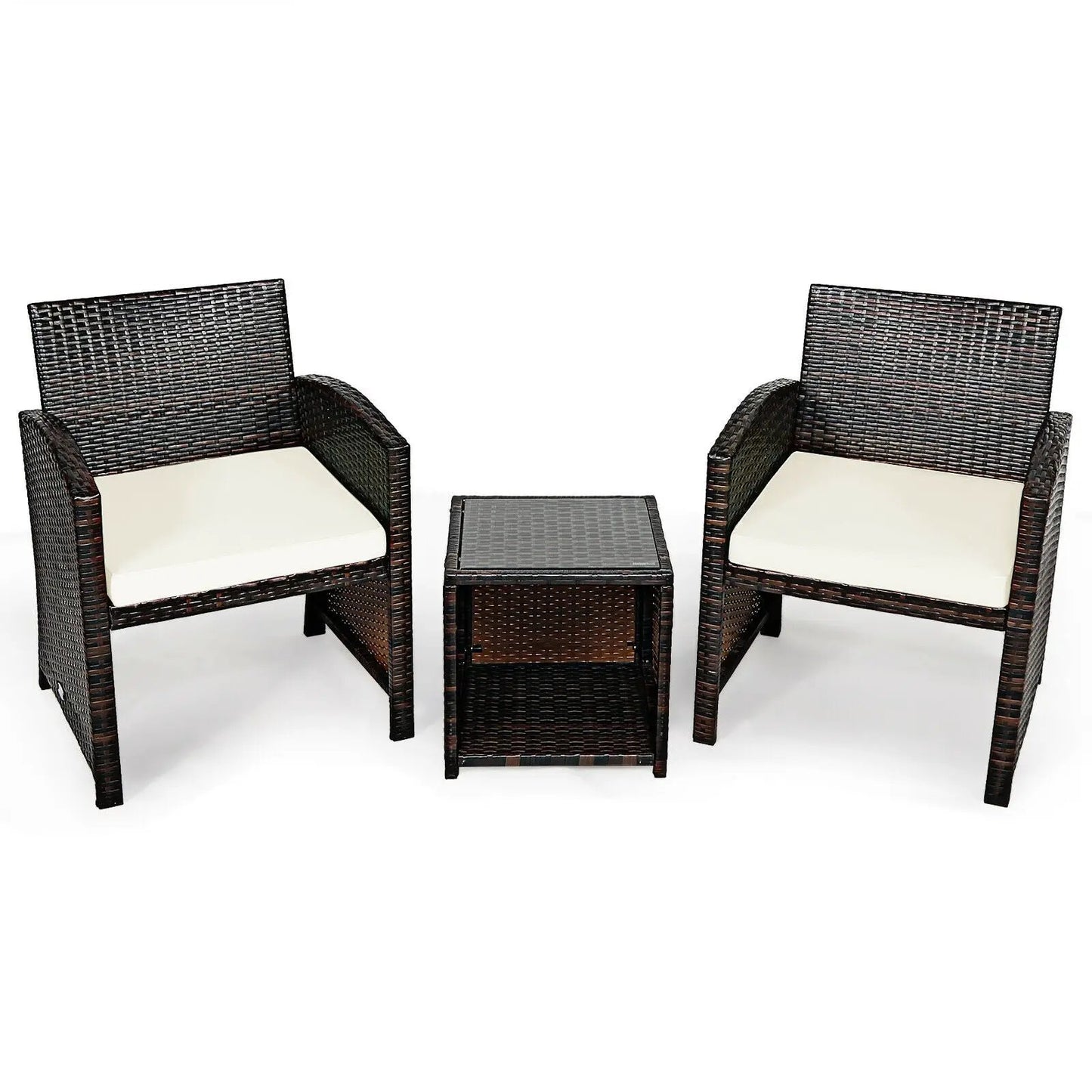 3 Piece PE Rattan Wicker Outdoor Set with two chairs and table; dark brown weave, cream cushions on Tampa Home & Garden Store