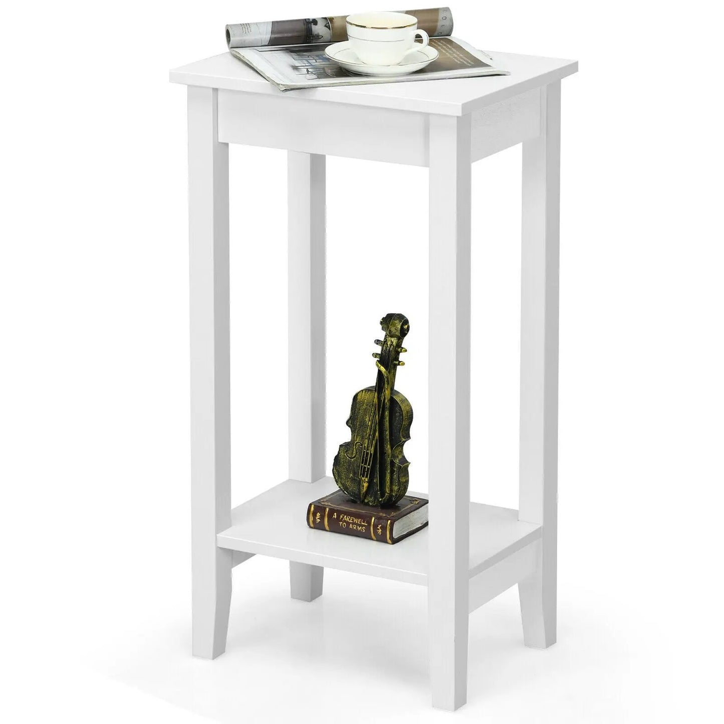 Two-Tier Nightstand End Table With Wooden Legs white finish; top with cup and newspaper, lower shelf guitar statue and book on Tampa Home & Garden Store