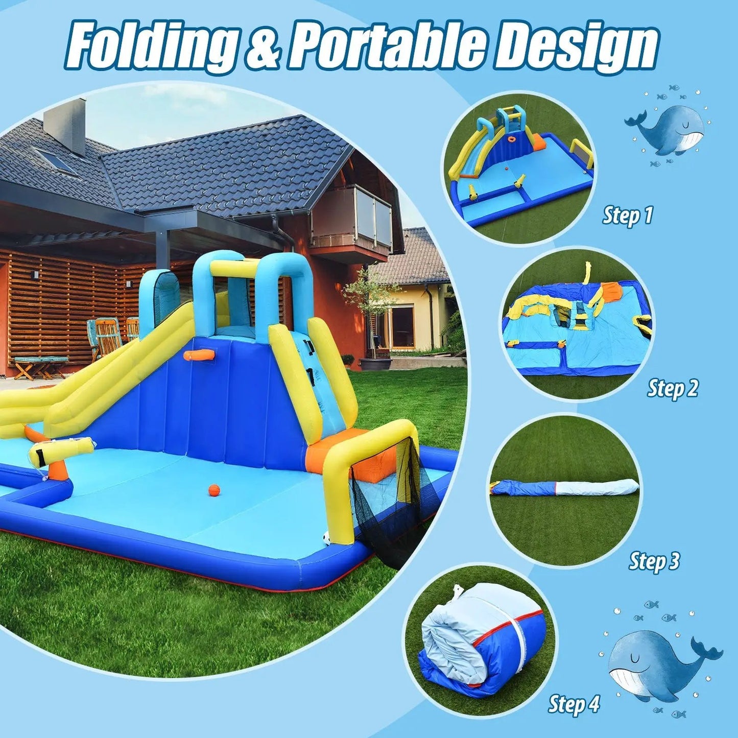6-in-1 inflatable water slide and jumping house, blue and yellow, DirectDeals backyard playset on Tampa Home & Garden Store
