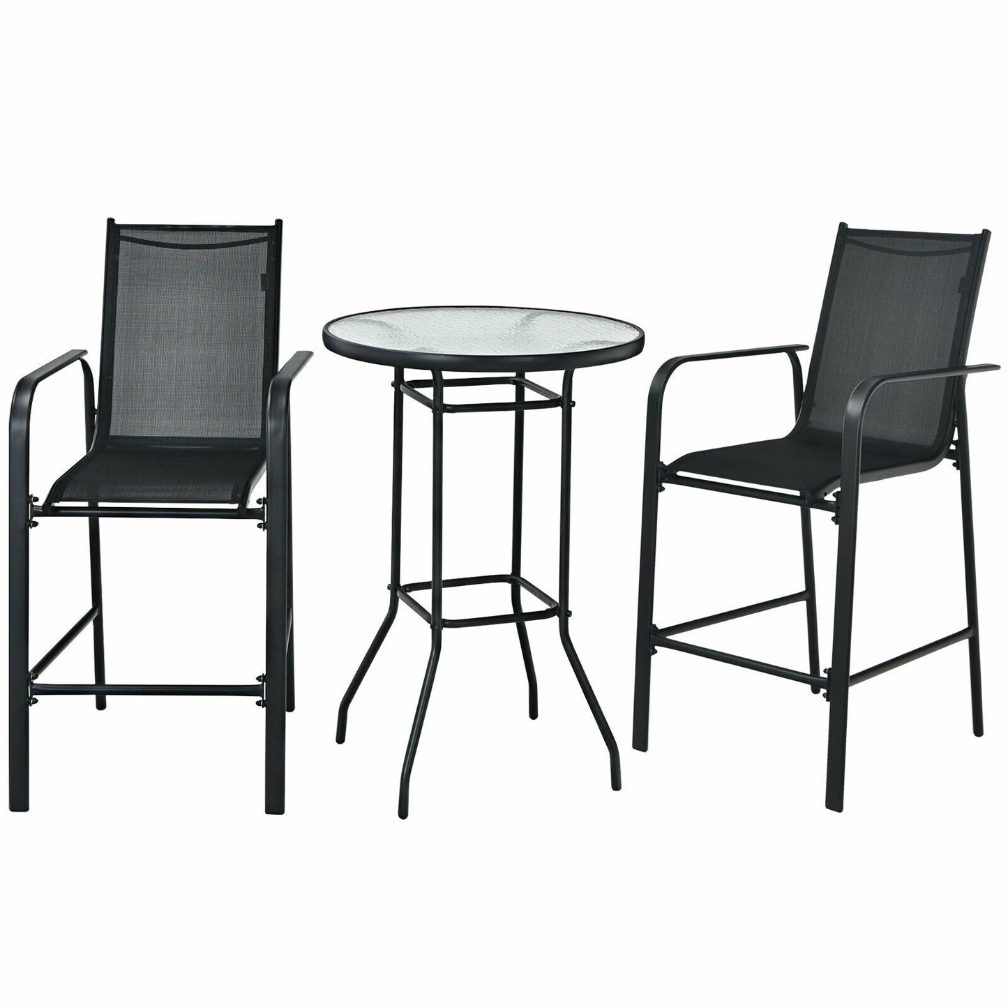 Outdoor patio bar table and stool set, 3 pieces, black metal with glass tabletop, DirectDeals on Tampa Home & Garden Store
