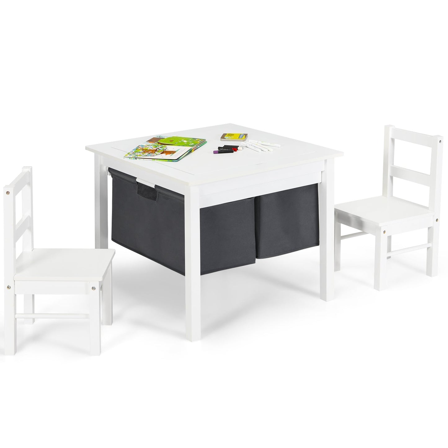 White 2-in-1 kids table and two chairs set with under-table fabric storage bins on Tampa Home & Garden Store