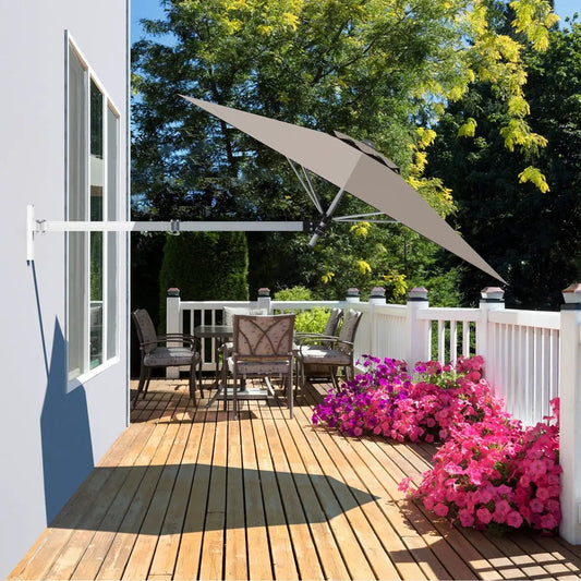 DirectDeals 8ft wall-mounted telescopic tilt shade umbrella with tan canopy over deck on Tampa Home & Garden Store