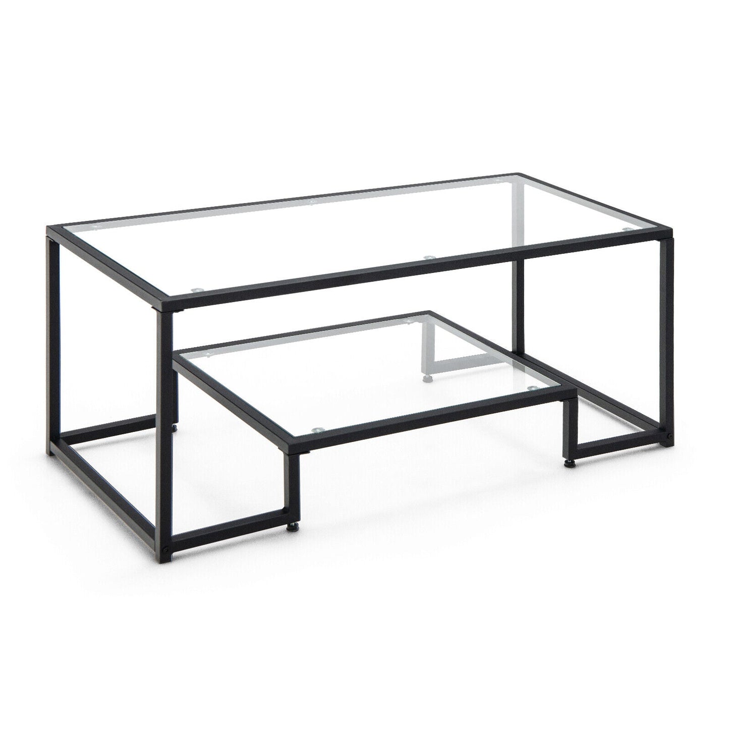 Mesa de centro rectangular moderna de 2 niveles con tapa de cristal - Dorada