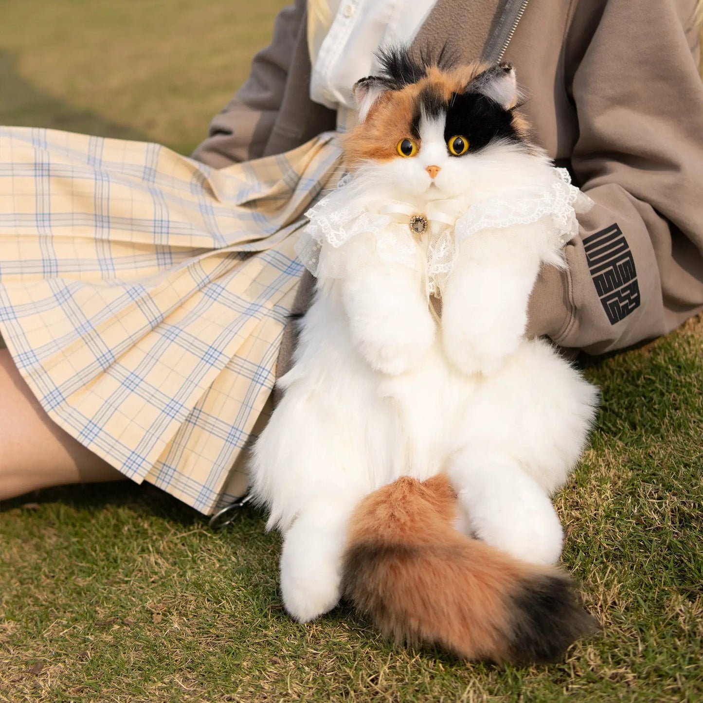 Calico Cat plush backpack with white fur, orange/black patches, lace collar by Chongker on Tampa Home & Garden Store