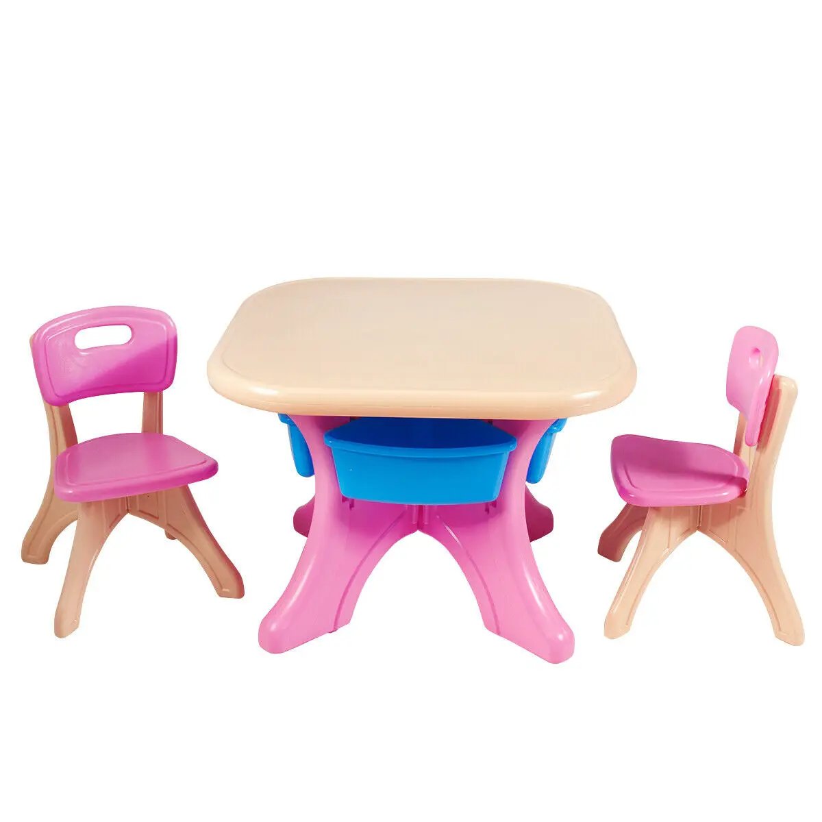 Kids Activity Table and Chair Set with Storage, pink seats, tabletop, blue bin underneath on Tampa Home & Garden Store