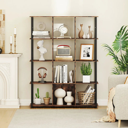 12-Cube bookcase with rustic brown shelves and black metal frame featuring anti-tip kits on Tampa Home & Garden Store