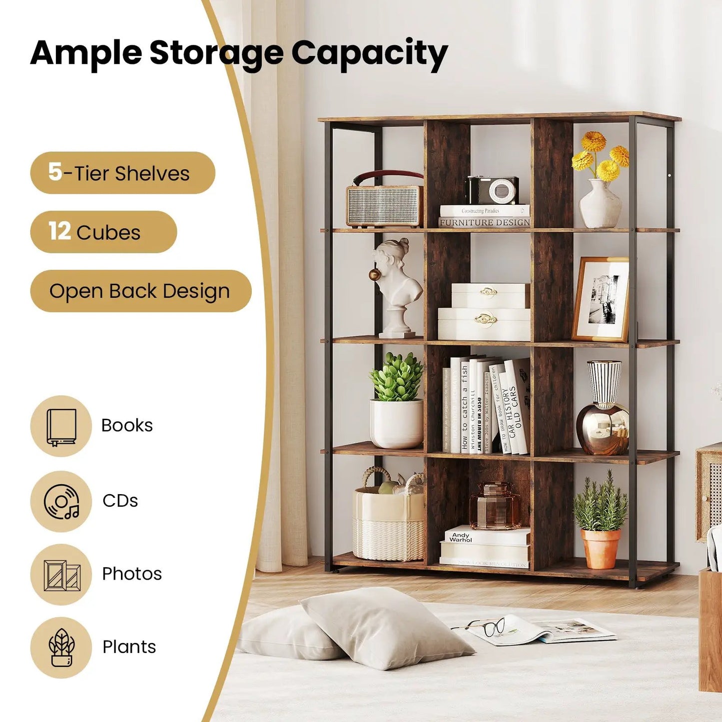 12-Cube Bookcase with anti-tipping kits in rustic brown wood and black metal frame on Tampa Home & Garden Store