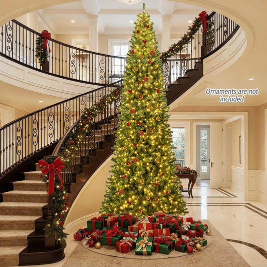 12 ft prelit hinged artificial Christmas tree with 2536 tips, lush green with warm-white lights on Tampa Home & Garden Store