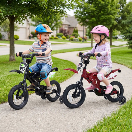 12-inch DirectDeals Kids Bike with Training Wheels for ages 3-4, black and red bikes with riders on Tampa Home & Garden Store