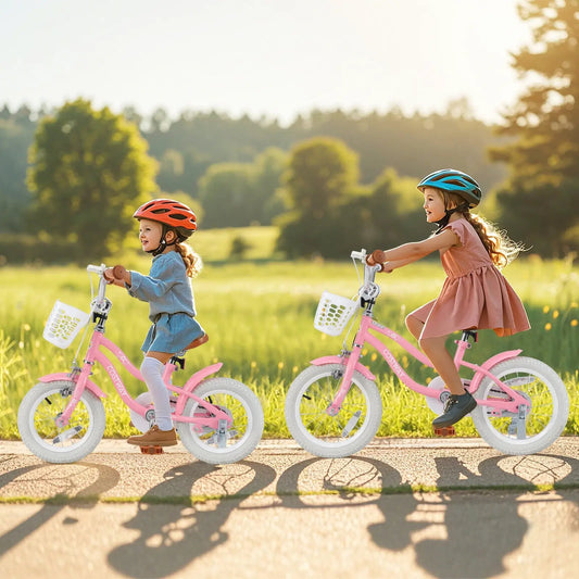 14 Inch Kids Bike with Training Wheels and Basket, two pink bikes with white baskets on Tampa Home & Garden Store