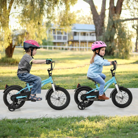 14-Inch kids bike with training wheels; two kids ride blue bikes wearing pink and purple helmets on Tampa Home & Garden Store