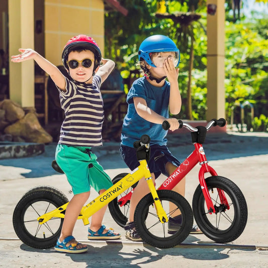 12 Inch Toddler Balance Bike with Adjustable Seat, two bikes, yellow and red, DirectDeals on Tampa Home & Garden Store