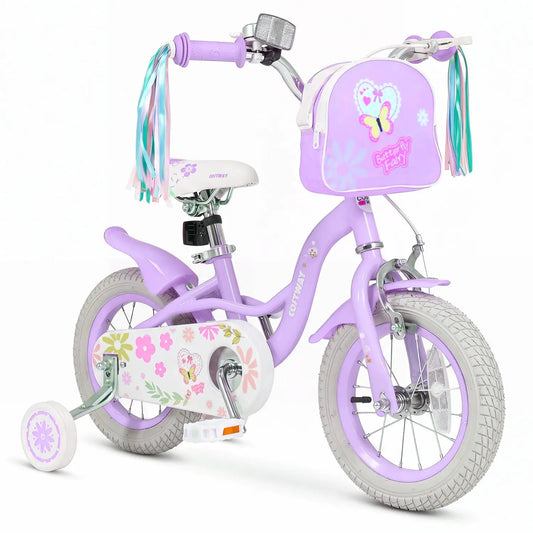 12-Inch lavender girls bike with training wheels, floral chainguard, front butterfly bag on Tampa Home & Garden Store