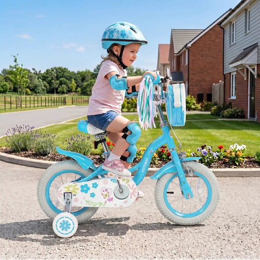 Girls bike 12–18in by DirectDeals with training wheels, blue frame, front bag on Tampa Home & Garden Store