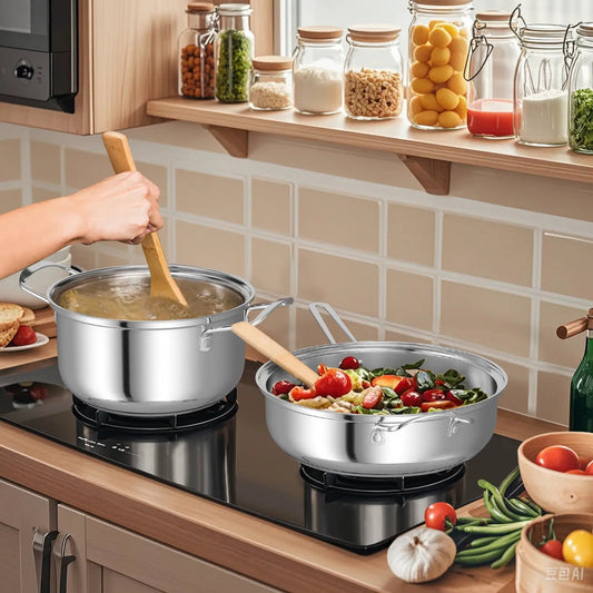 DirectDeals 12-piece stainless steel pots and pans set with tempered glass lids on stove on Tampa Home & Garden Store