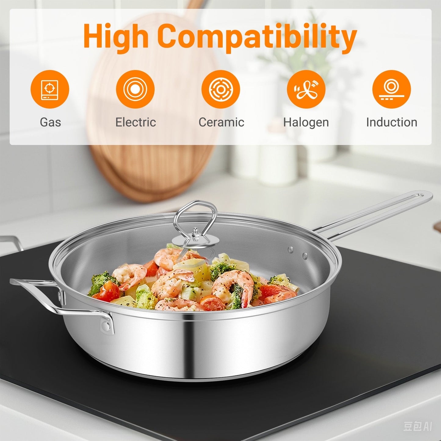 12pc Pots & Pans Set with Glass Lids, stainless cookware on black induction cooktop on Tampa Home & Garden Store