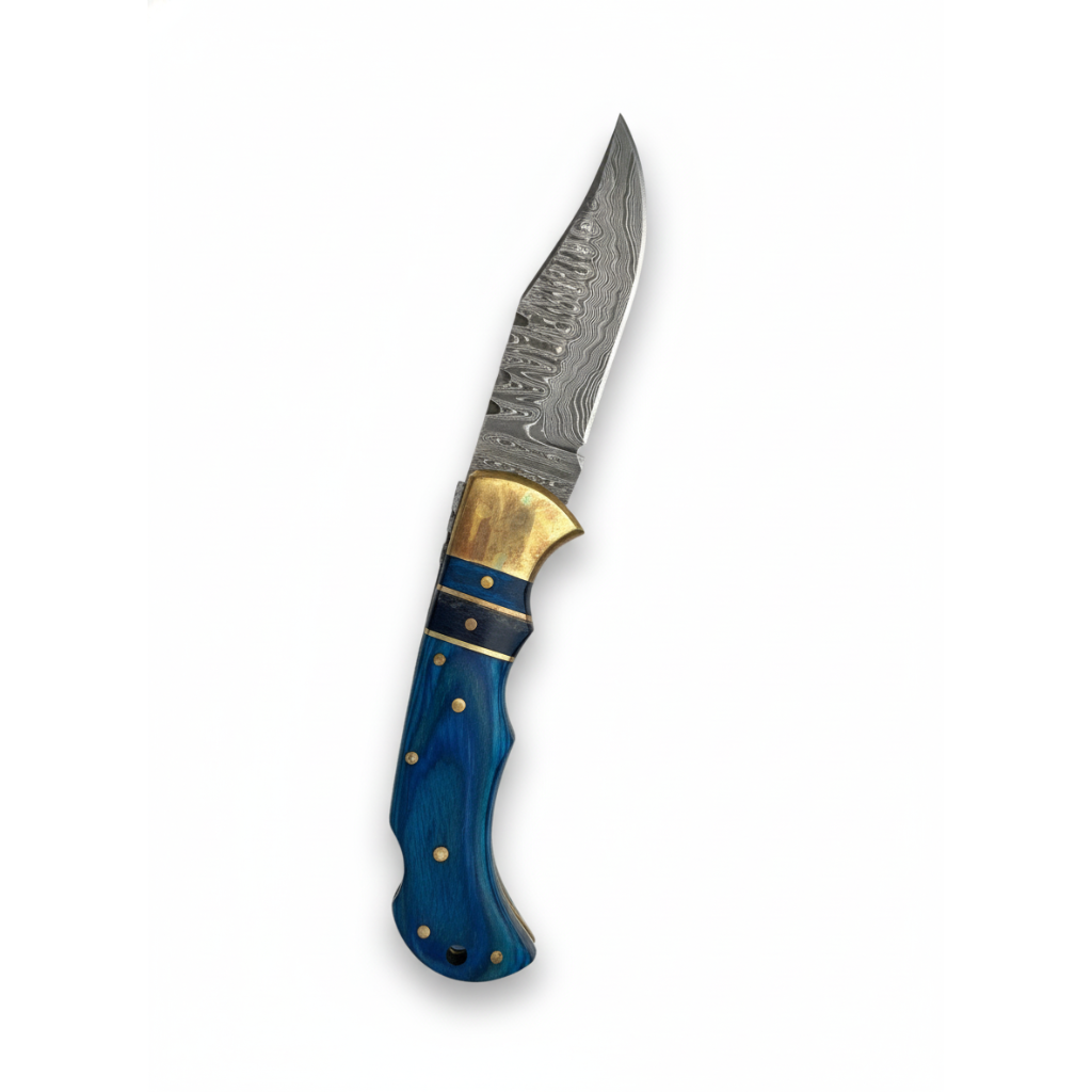Blue Ridge Damascus Folding Knife TF-088 Titan International K with blue handle brass on Tampa Home & Garden Store