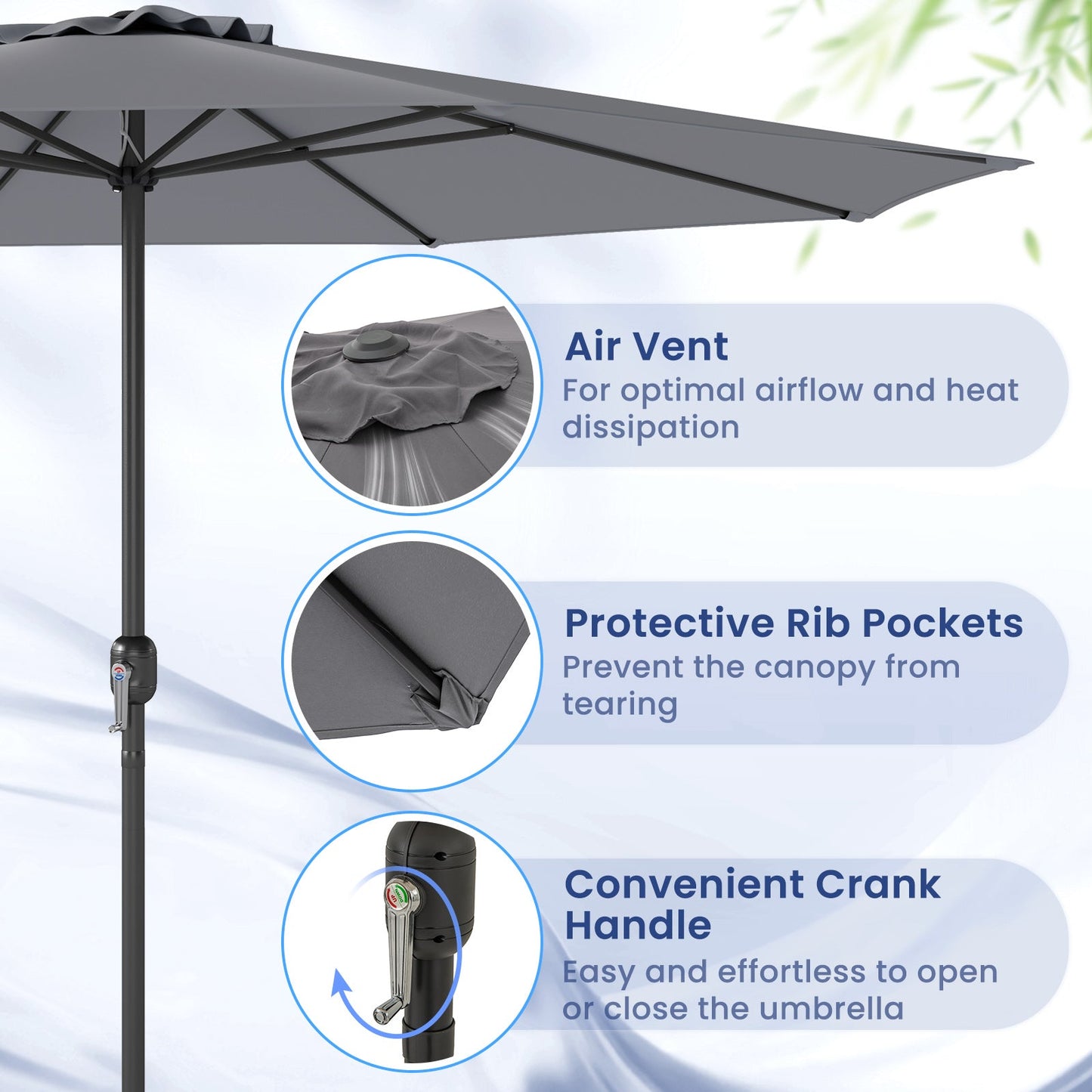 12 Feet Patio Umbrella with Crank Handle and 8 Sturdy Ribs-Gray