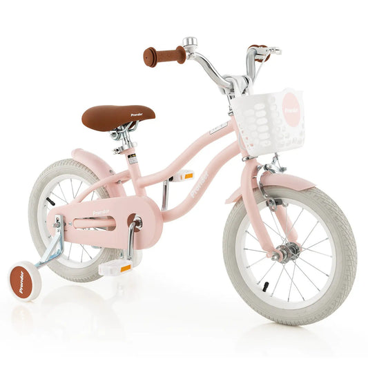 Kids 12 Inch Bike with Training Wheels pink frame brown saddle and grips white front basket on Tampa Home & Garden Store