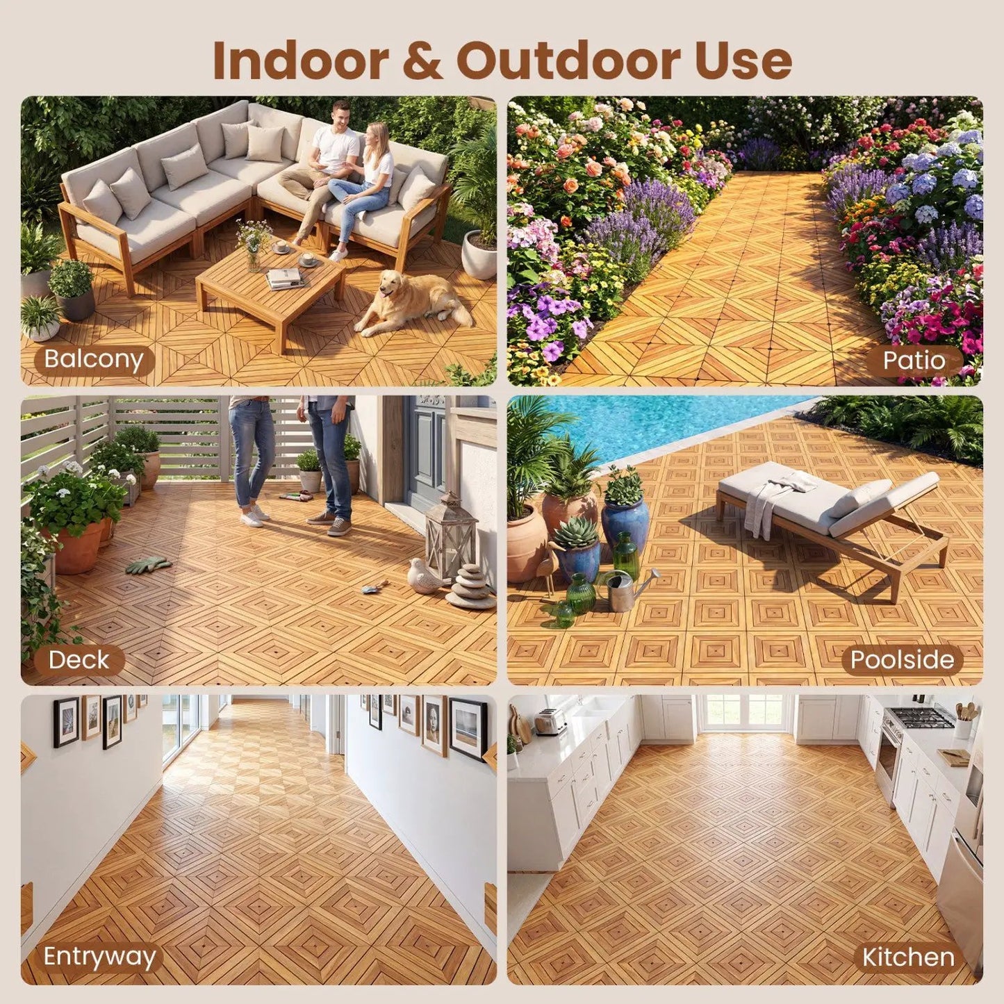Acacia Wood Interlocking Deck Tiles 12x12 Inch