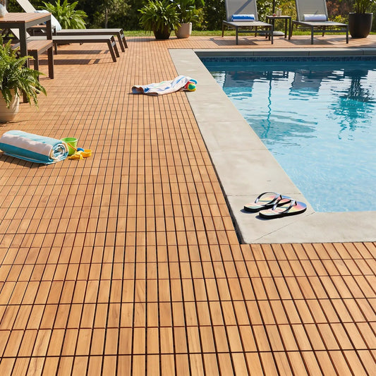 Acacia wood interlocking deck tiles 12x12 in, 27-pack, brown outdoor flooring on Tampa Home & Garden Store