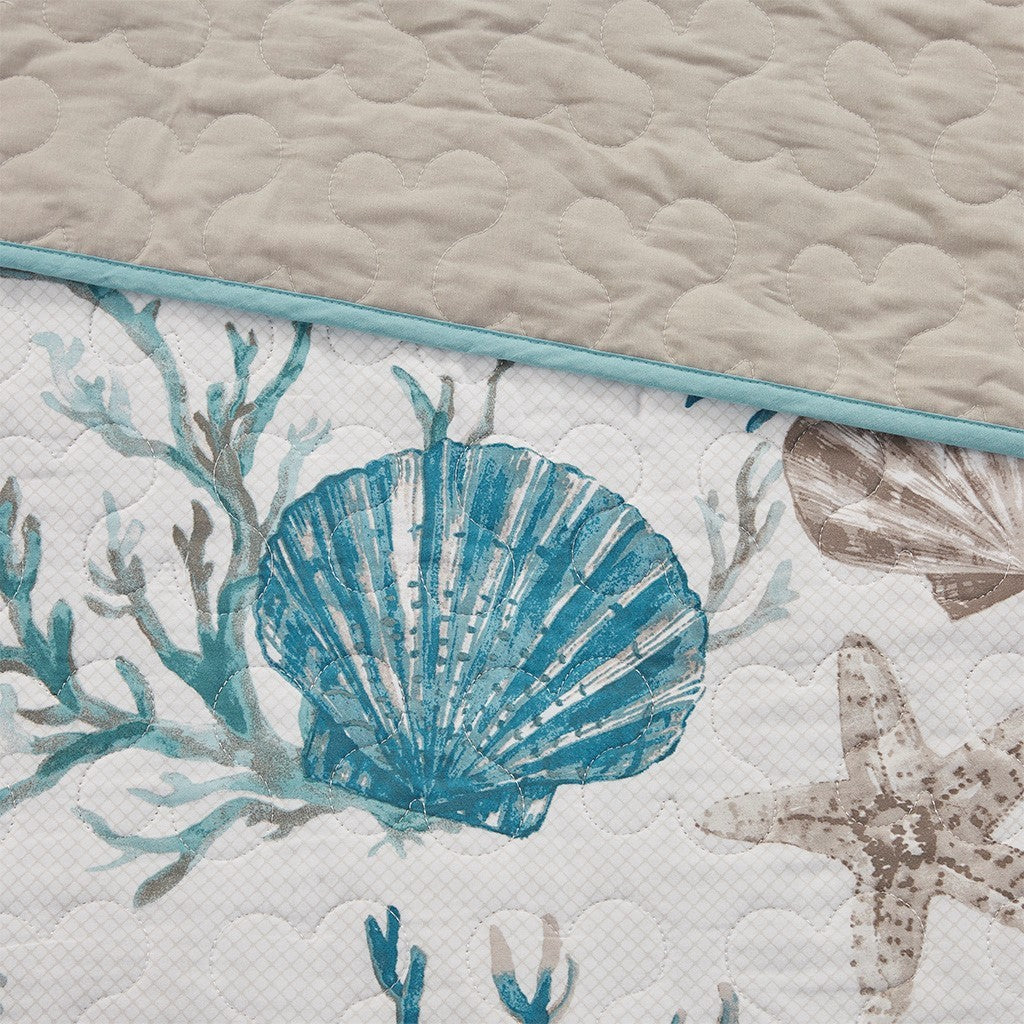 Aqua Cotton Sateen Quilt Set King/Cal King by HouseOfZazla with teal seashell print on Tampa Home & Garden Store