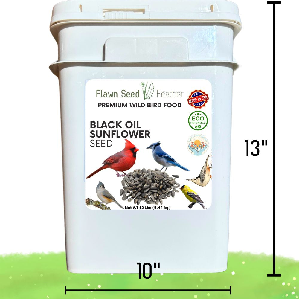 Black Oil Sunflower Seed Bird Food bucket by Flawn Seed Kits 12 lb with birds on label on Tampa Home & Garden Store
