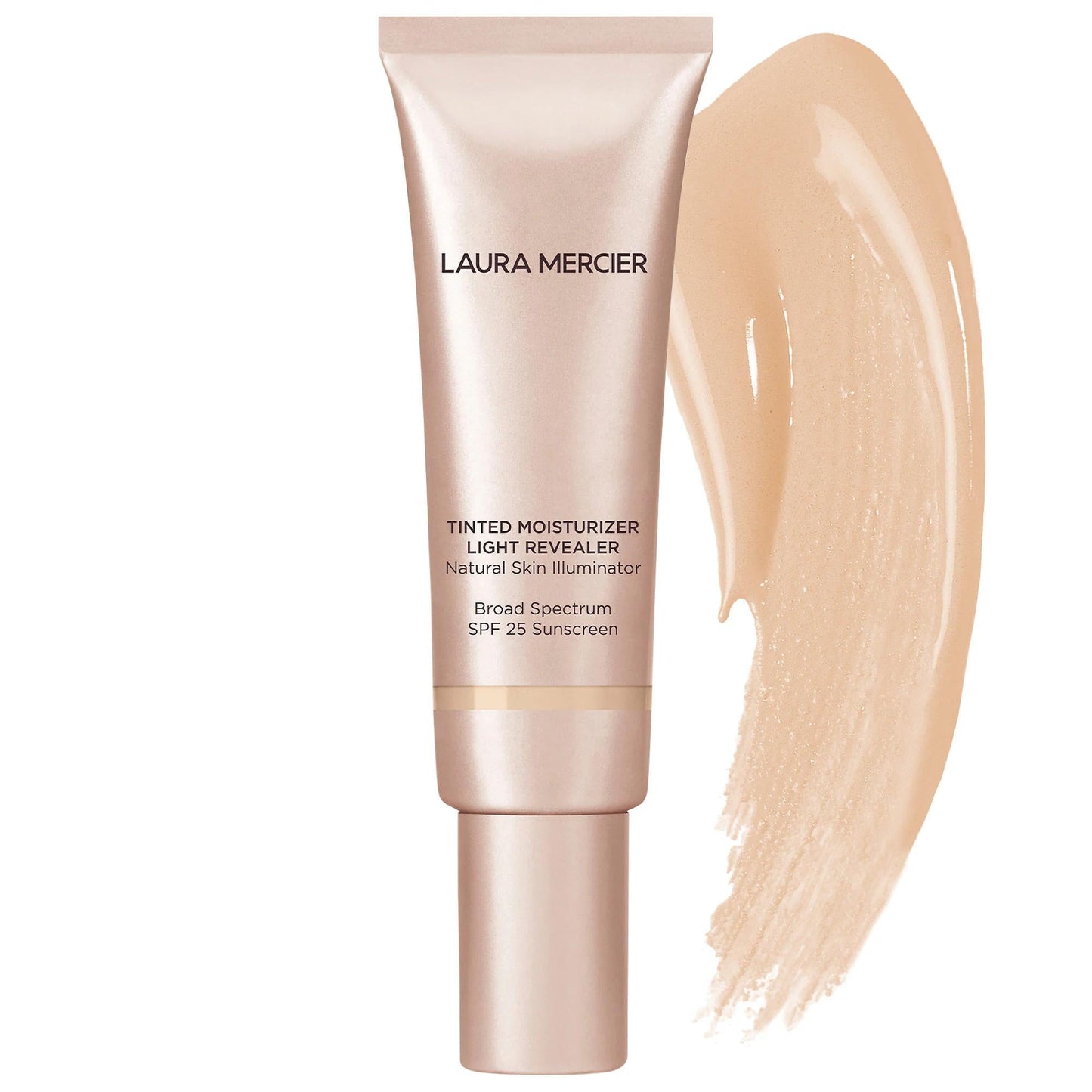 Laura Mercier tinted moisturizer tube in rose-gold packaging with beige foundation swatch on Tampa Home & Garden Store