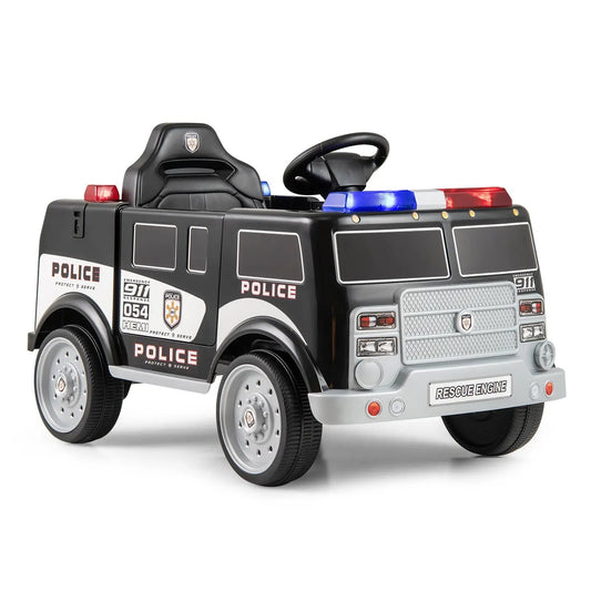 12V kids electric police ride-on car with black body, blue and red rooftop lights and decals on Tampa Home & Garden Store