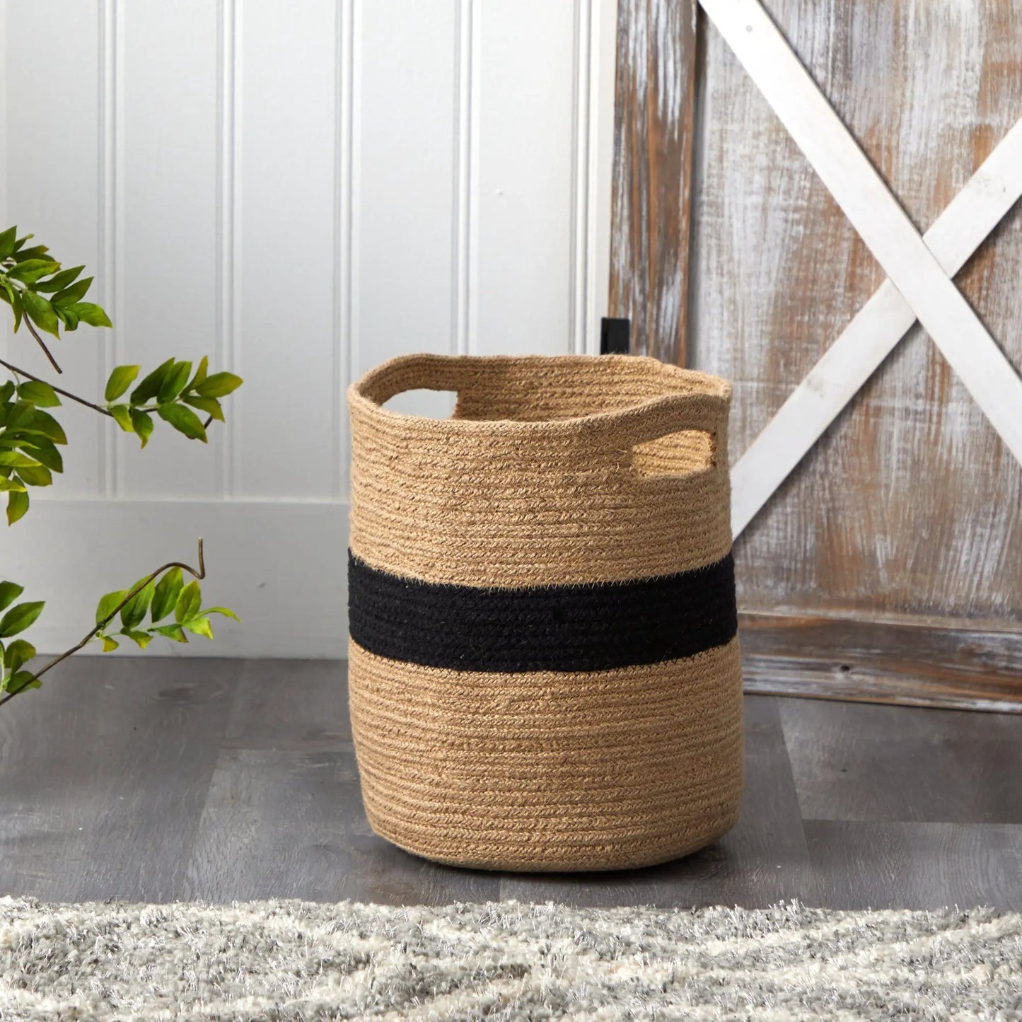 Handmade natural cotton planter basket with tan and black band, 13.5in on Tampa Home & Garden Store