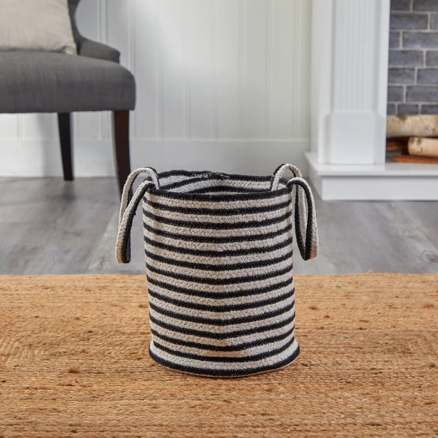 13” Boho Chic Basket Natural Cotton, Handwoven Black and White Stripe with Handles - Tampa Home & Garden Store