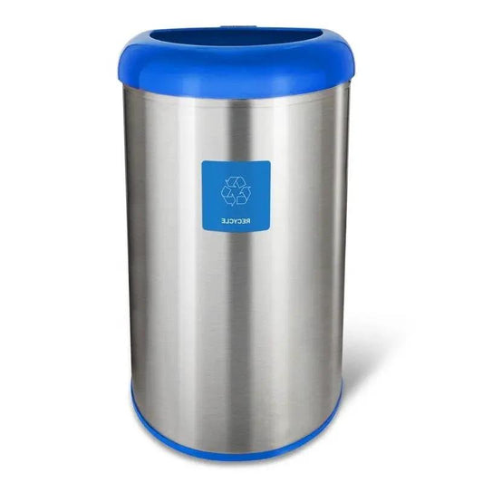 Stainless steel 13-gallon recycle bin with blue lid and blue base on Tampa Home & Garden Store