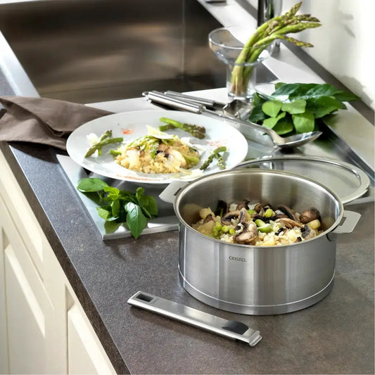 CRISTEL USA stainless steel 13-piece cookware set on kitchen counter on Tampa Home & Garden Store